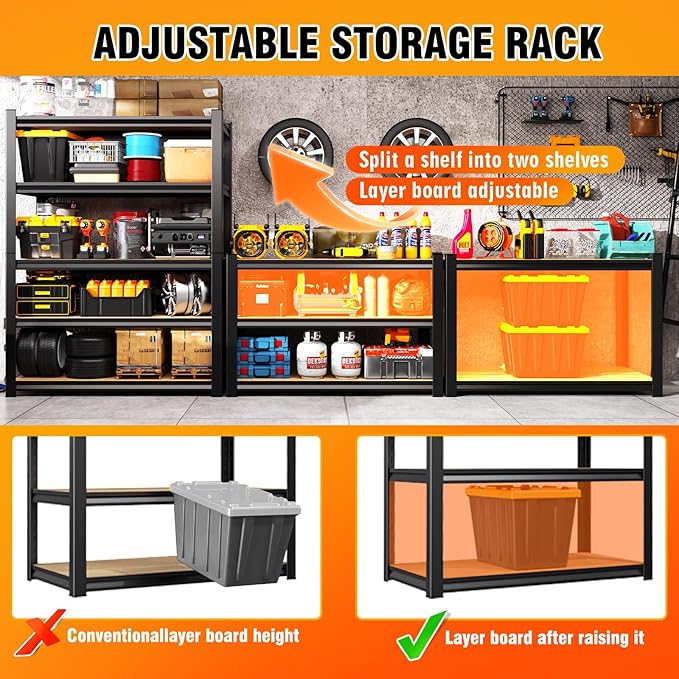 2-Piece Set 78''H*46''W Storage Shelves,3000LBS Garage Shelving,Adjustable Garage Shelves,Heavy Duty Metal Shelving, 5 Tier Wood Utility Steel Shelf, Shelving Units and Storage Rack 2Pack