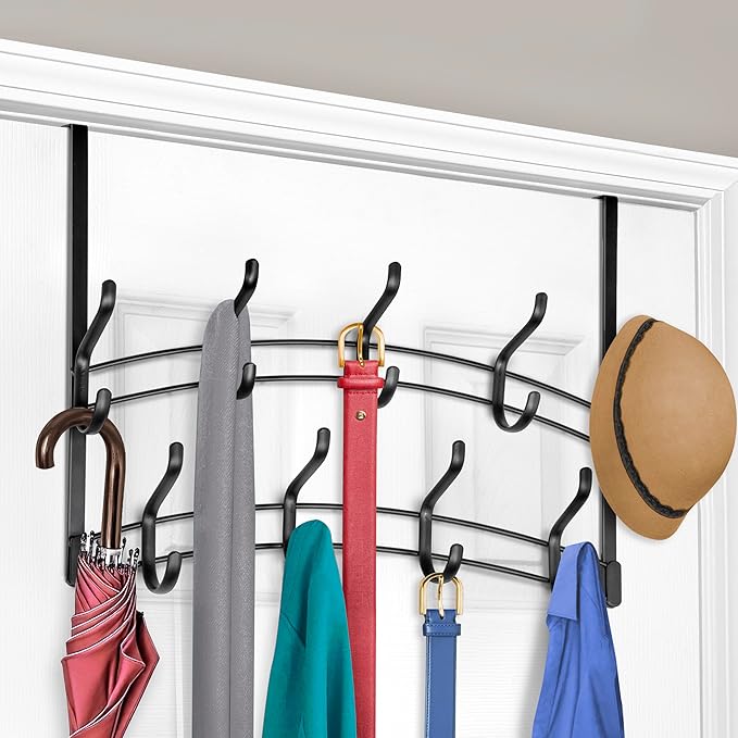 LYNK Professional® Home™ Over the Door Hooks - 18 Hook – Over the Door Coat Rack - Over the Door Hanger - Hanging Towels or Clothes - Bathroom, Bedroom, Laundry Room - Lifetime Ltd. Warranty, Black
