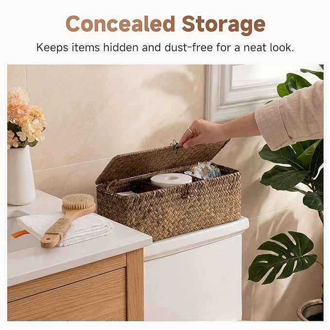 StorageWorks Toilet Paper Storage Basket with Lid, Large Wicker Baskets with 3 Compartments, Seagrass Back of Toilet Basket for Tank Topper, Shelves Organizer, 16½"x 5½"x 5½, 1-Pack
