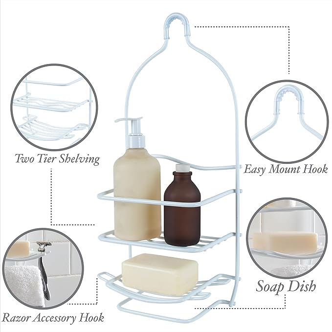 Bath Bliss Curve Design Shower Caddy | Over the Shower Head | Rust Proof | Bathroom Organization | Bath Organizer | 2 Tier | White