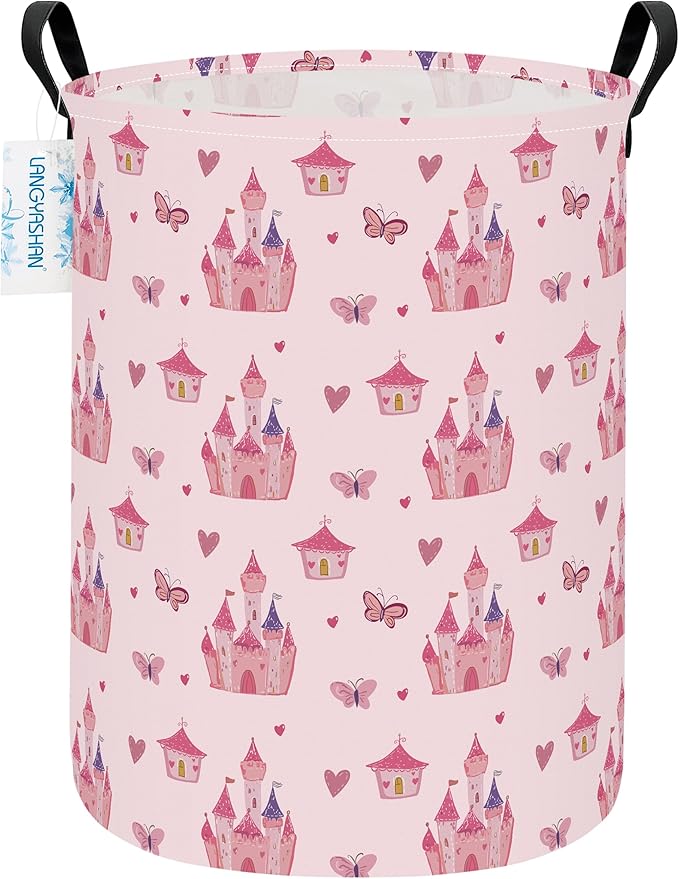 Girl Laundry Basket Canvas Fabric Collapsible Organizer Basket for Storage Bin Toy Bins Gift Baskets Bedroom Clothes Children Nursery Hamper (Pink Castle)