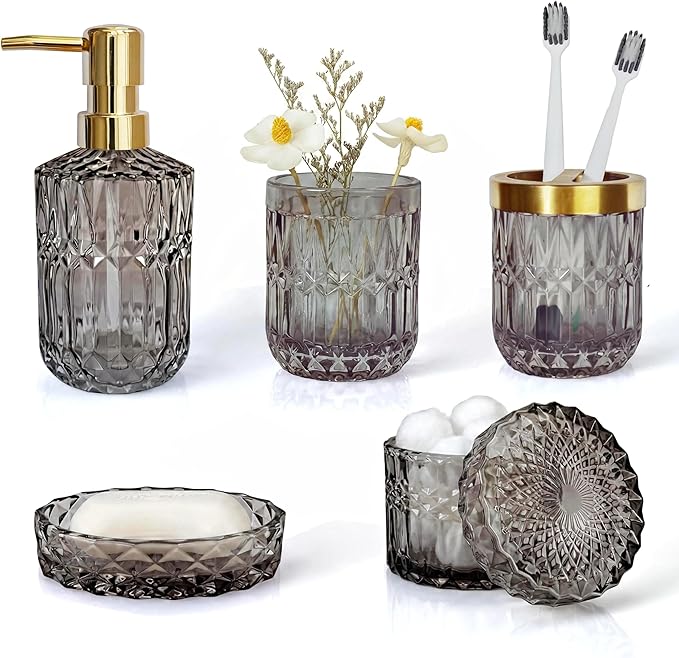 LaMarriti Gray Bathroom Accessories Set, 5Pcs Clear Glass Bathroom Sets, Soap Dispenser, Soap Dish, Toothbrush Holder Set, Cotton Swab Jar, Black and Gold Accent for Vintage Bathroom Decor, Gift Set