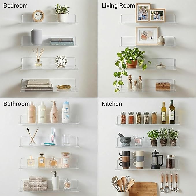 Acrylic Floating Shelves, Adhesive Wall Mount Command Shelves for Bathroom, Kitchen, Dorm - Renter-Friendly Easy Install Wall Shelves for Home Decor and Organization (Fully Clear-4 Pack)