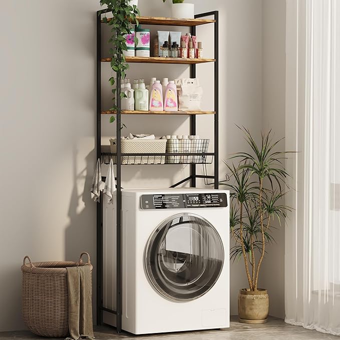 Gizoon Over-The-Toilet Storage Rack with Adjustable Shelf and Basket, 4-Tier Freestanding Space Saver Bathroom Shelves Above Toilet for Room