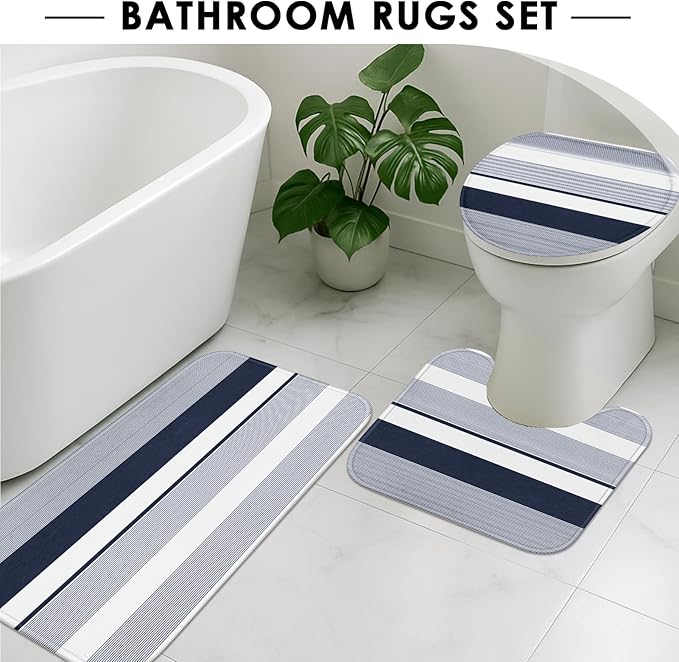 Navy Blue Shower Curtain Set with Toilet Lid Cover and Non-Slip Rugs for Bathroom, Modern Striped Lines 4 Pcs Shower Curtain, Simple Abstract Bathroom Set with 12 Hooks