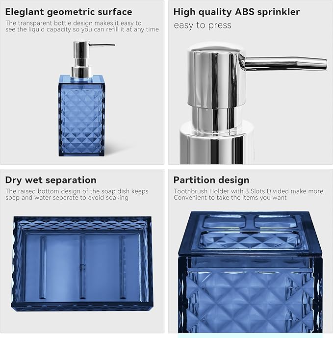 Bathroom Accessory Set, 4 PCS Blue Bathroom Accessories Sets, Soap Dispenser and Toothbrush Holder Set, Soap Dish and Mouthwash Cup, Boho Bathroom Decor, Plastic Bathroom Sets Accessories