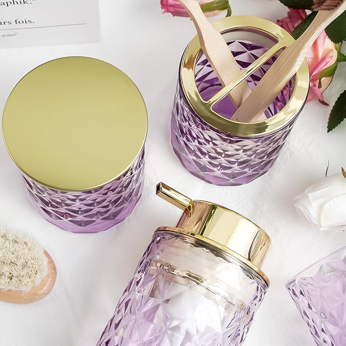 5PCS Bathroom Accessory Set,Purple Bathroom Countertop Organizer Set with Soap Dispenser, Toothbrush Holder, Tumbler, Q-tip Holder & Soap Dish,Elegant Functional Glass Set, Gift for Home & Apartment