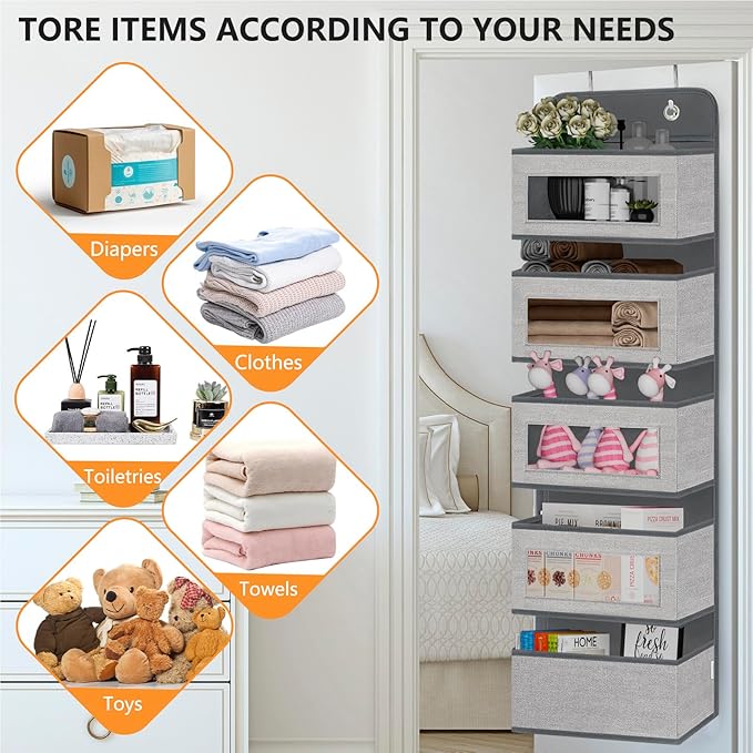 Over The Door Hanging Organizer Storage with 5 Large Pockets,Wall Mount Clear Windows and 2 Widened Metal Hooks for Pantry,Nursery,Diapers,Bathroom,Kitchen,Closet,Dorm