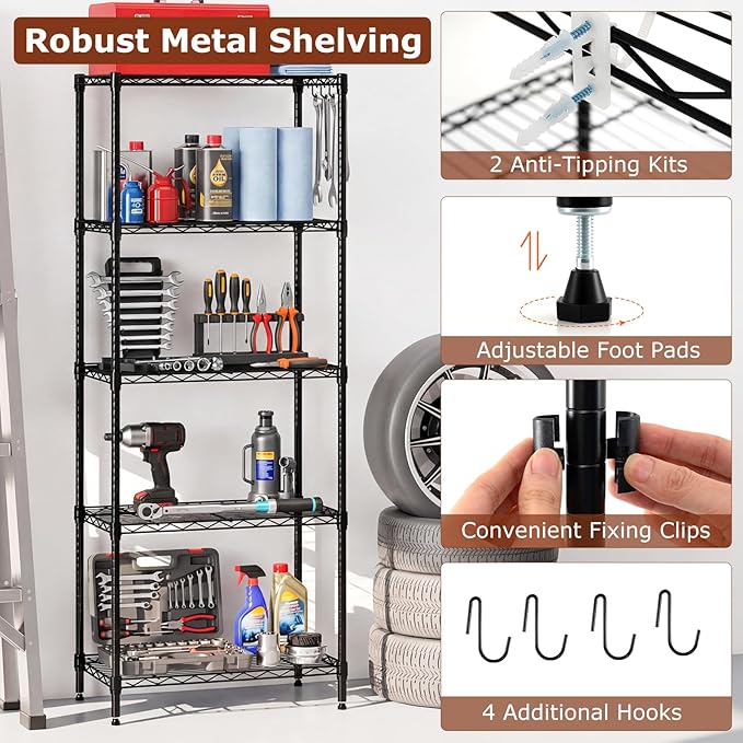 GOFLAME 5-Tier Metal Storage Shelving Unit, Heavy-Duty Adjustable Utility Shelf with V-Shaped Wire Rack, 750 LBS Storage Organizer for Home, Kitchen, Garage, Basement, 23.5”L x 13.5”W x 60”H