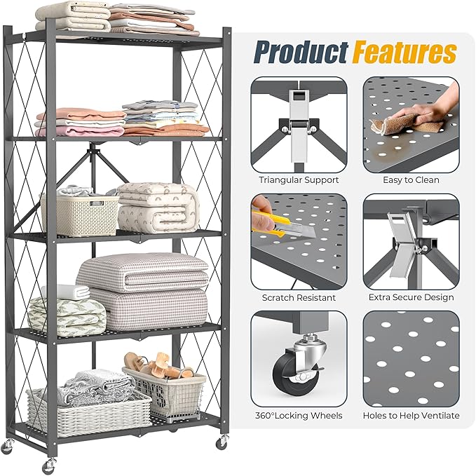 Folding Metal Storage Shelf 5 Tier with Wheels Heavy Duty Utility Rack Foldable Design 750lbs Capacity Adjustable Standing Shelf Organizer for Kitchen Garage Living Room(Gray-A, 5-Tier)