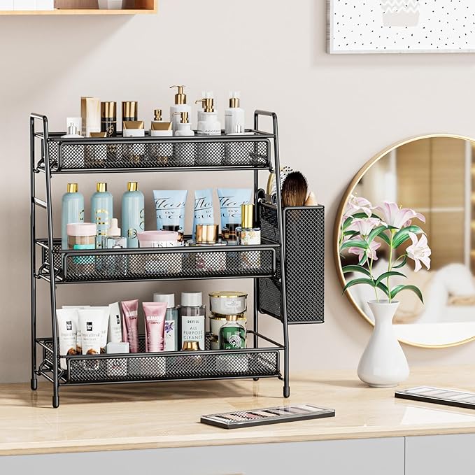 EKNITEY Bathroom Countertop Organizer Shelf - 3 Tier Counter Spice Rack Metal Makeup Rack Small Coffee Station Organizer for Sink/Bedroom/Living room/Kitchen/Office
