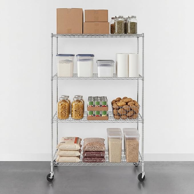 SafeRacks - NSF Certified Storage Shelves, Zinc, Heavy Duty Steel Wire Unit with Wheels and Adjustable Feet, Garage or Bakers Rack, Kitchen, Pantry Shelf - (24"x48"x72" 4-Tier) (Silver)