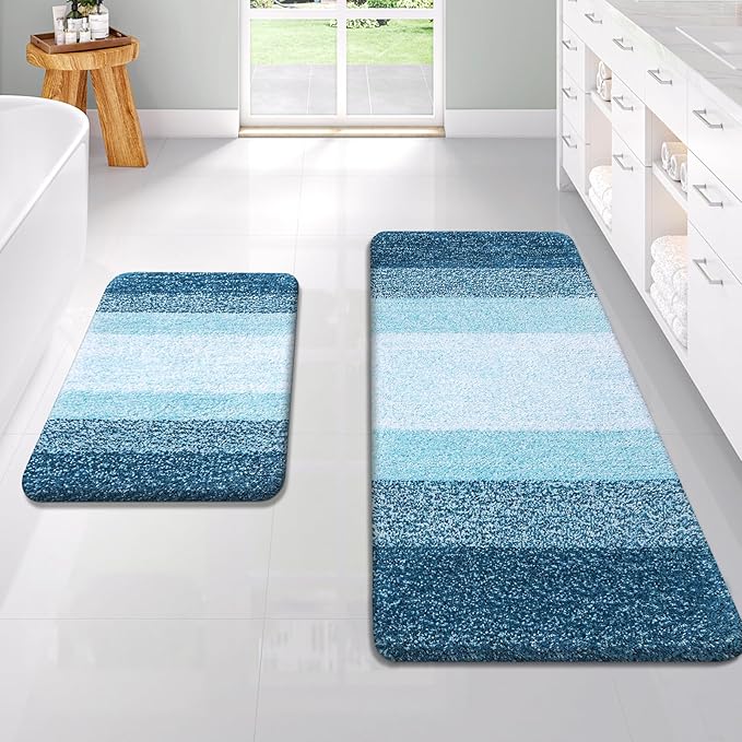 OLANLY Bathroom Rug Set 2 Piece, Soft Absorbent Microfiber Bath Rug Set, Non-Slip, Machine Wash Dry, Plush Shaggy Bath Mats for Bathroom (47"x20"+24"x16", Peacock Blue)