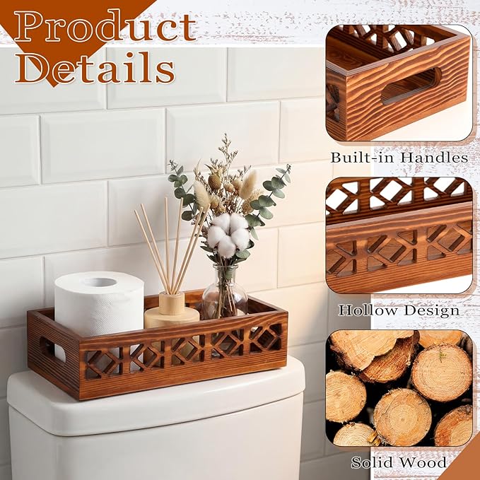 Qunclay 2 Pack Brown Toilet Tank Baskets Wooden Toilet Tank Top Paper Baskets with Handle Rustic Hollow Bathroom Paper Organizer Holders Farmhouse Decorative Bathroom Storage Box