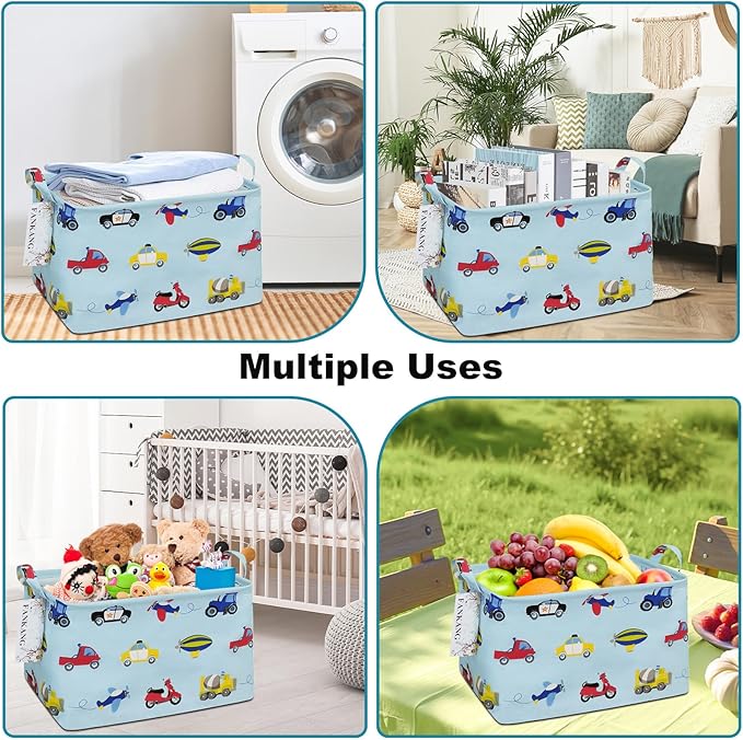 Storage Basket,Nursery Hamper Canvas Laundry Basket Foldable with Waterproof PE Coating Storage, Office, Bedroom, Clothes,Toys (Rec-Car)