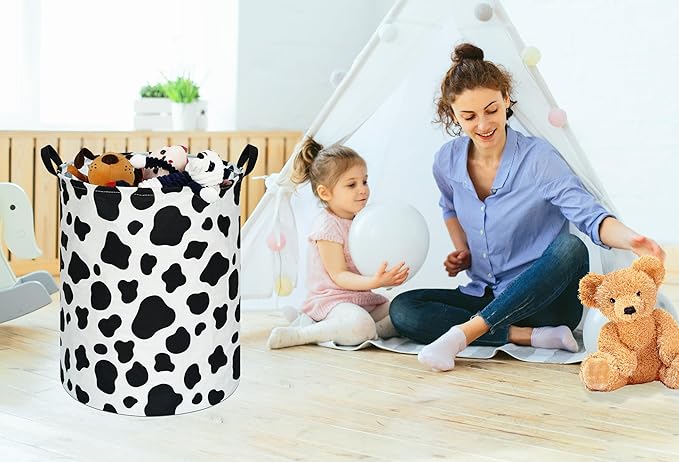 Kids Laundry Hamper Clothes Gift Basket Storage Laundry Baskets Organizer Bin with Handles for Nursery Room (Rould Cow pattern)