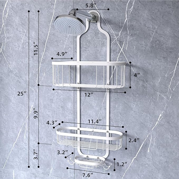 White Hanging Shower Caddy, 3-Tier Bathroom Organizer with Soap Dish, Rust Resistant, Quick Dry, Assembly Required