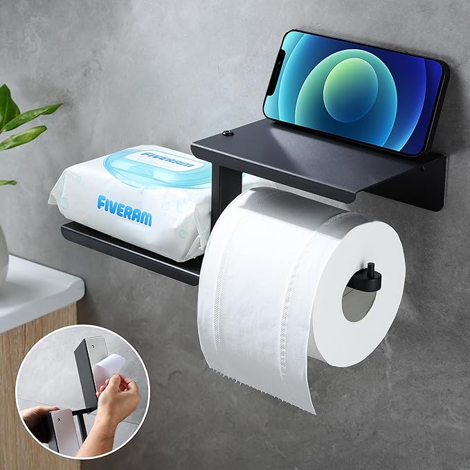 Adhesive Toilet Paper Holder with Double Shelf, No Drilling Wall Mount Toilet Tissue Roll Holder, Rustproof & 304 Stainless Steel Bathroom Storage Dispenser