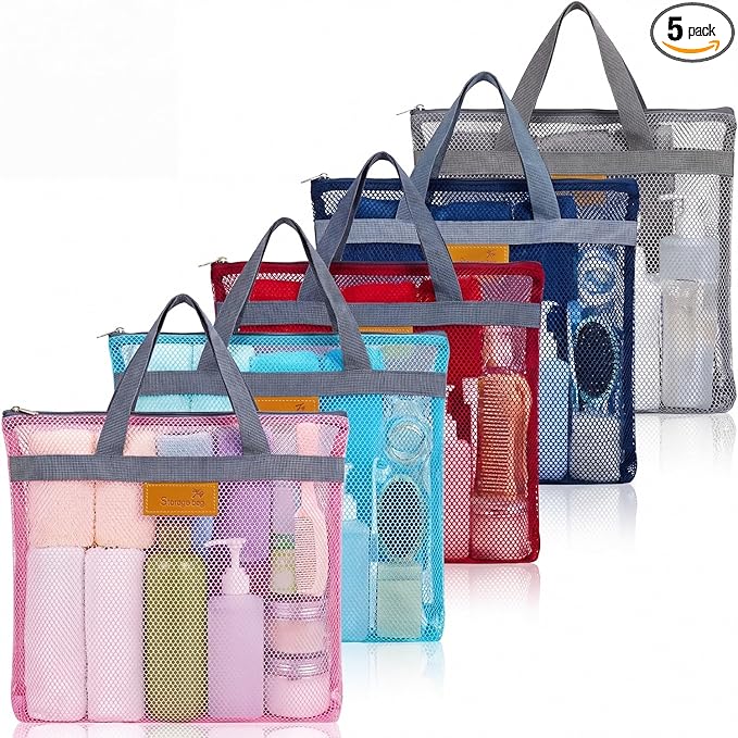 Tudomro 5 Pcs Mesh Shower Bag Caddy Tote Portable Quick Dry Tote Bag Lightweight Hanging Toiletry Bath Organizer for College Dorms Gym Swimming Beach Travel Games Sports (Gray Handle)