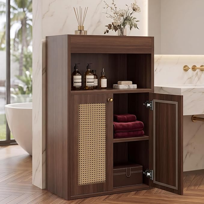 Bathroom Storage Cabinet, Rattan Freestanding Floor Organizer with Anti-Tip Devices and Adjustable Shelf, Small Cabinet for Bathroom, Kitchen, Living Room, Walnut