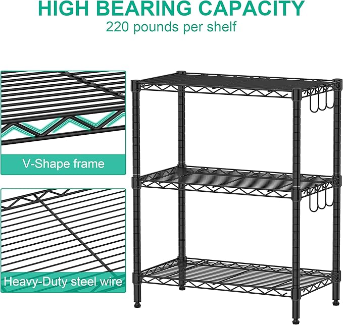 Folews 3-Tier Metal Shelf for Storage, NSF Certified Wire Shelving Unit Storage Rack Organizer Steel Utility Shelf for Kitchen Office Garage Pantry Laundry Organization(13.4D x 23.2W x 29.7H)