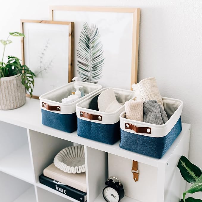OrganiHaus 12x8in Canvas Storage Baskets 3 Pack | SMALL Fabric Bins for Shelves | Pantry & Bathroom Organizer | Navy Blue/Off-White