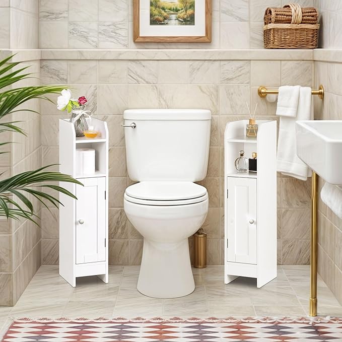 SUPER DEAL Small Bathroom Storage Corner Cabinet Set of 2, Narrow Floor Bathroom Toilet Paper Storage Organizer with Adjustable Shelves for Small Space, White