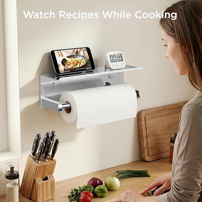 FORIOUS Paper Towel Holder with Shelf, SUS304 Stainless Steel Paper Towel Holder with Storage Shelf, Wall Mount Screw Paper Roll Organizer Commercial Paper Hand Towel Dispensers, Chrome