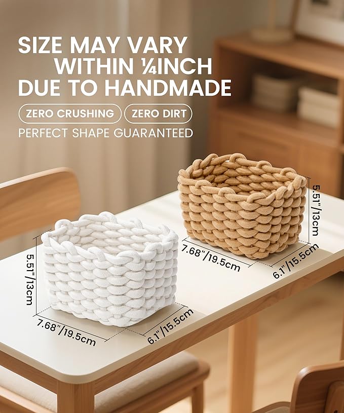 Small Macrame Woven Storage Baskets 2 Pack – Boho Cotton Rope Bins for Bathroom, Bedroom, Desk & Vanity Organizer – White & White, 7x5.5x5 Inches