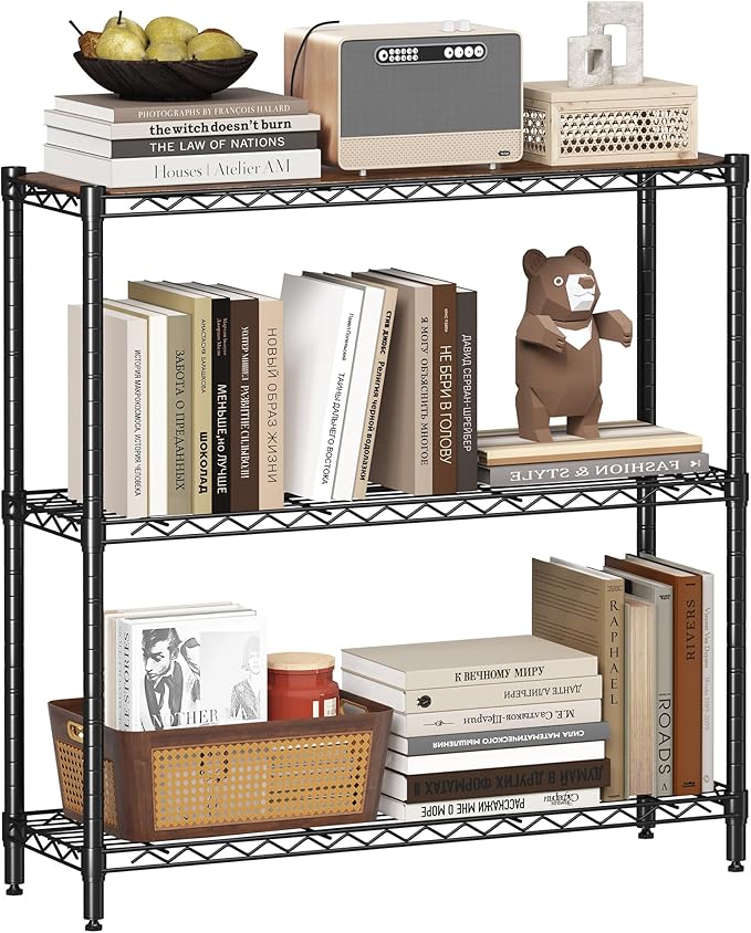 Homeiju 3-Tier Storage Rack, 29.8" Wide Heavy Duty Metal Shelving Unit, Top Tier with Removable Wood Board, 200 lbs Capacity per Shelf, for Pantry, Bathroom, Garage, Entryway, Plant Stand