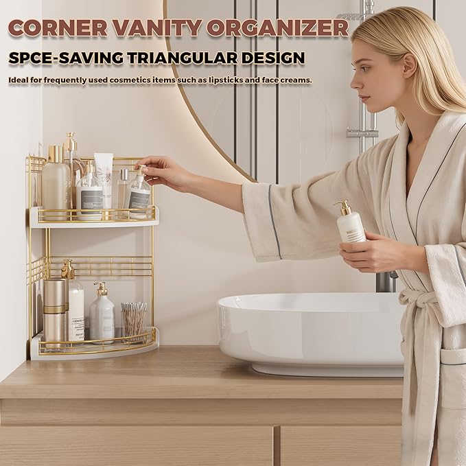 Bathroom Countertop Corner Organizer for Small Spaces – 2-Tier Counter Shelf for Sink & Vanity, Compact Vertical Storage for Toiletries (White)