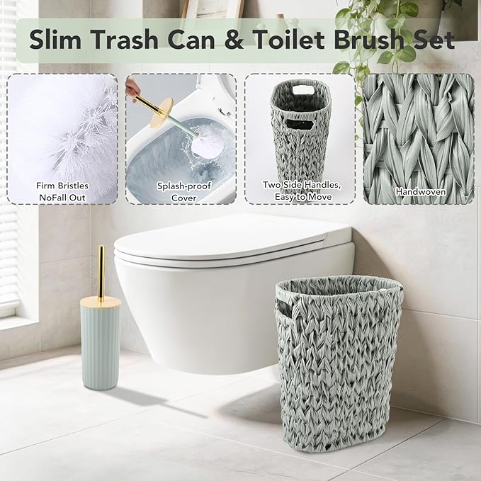 Bathroom Accessories Set, 25PCS Wicker Bathroom Accessory Set with Shower Curtain, Bath Mat, Soap Dispenser, Handwoven Trash Can & Ratten Tissue Box ((Sage Green, Bath Set+Shower Curtain+Rugs)