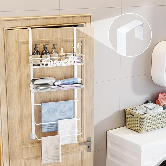 SWTYMIKI Over the Door Towel Racks for Bathroom - 5-Tier Wall Mounted Bathroom Towel Storage Organizer Holder with Metal Shelf, White