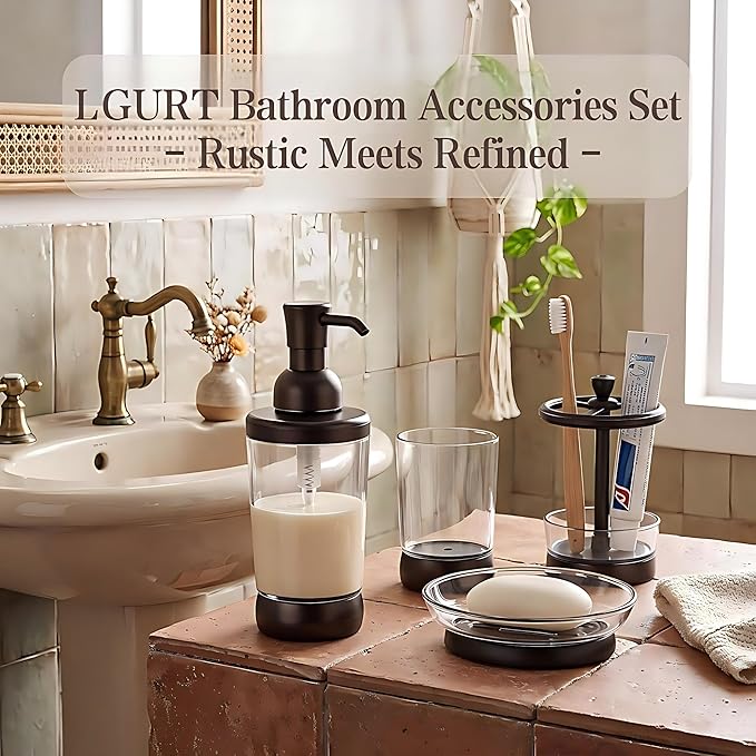 4 Piece Bathroom Accessories Set, Coffee Brown Bathroom Decor with Soap Dispenser, Toothbrush Holder, Mouthwash Cup & Soap Dish, Vintage Vanity Countertop Accessories for Home
