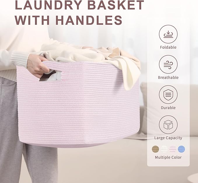 86L Large Baby Girls Laundry Basket for Nursery Storage,Cute Woven cotton Rope Baskets for Kids Toy，Gifts, Boho Square Wicker Blanket hamper for Living Room,Bedroom Dirty Clothes,Pink