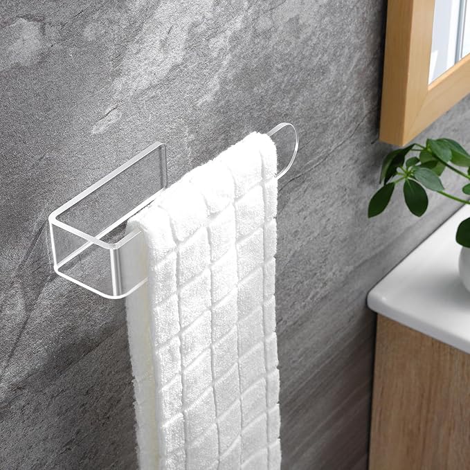 Taozun Hand Towel Holder - Clear Towel Rack for Bathroom, Adhesive Towel Bar Stick on Kitchen Wall, Acrylic Towel Rail No Drill Towel Holder, 2 Packs
