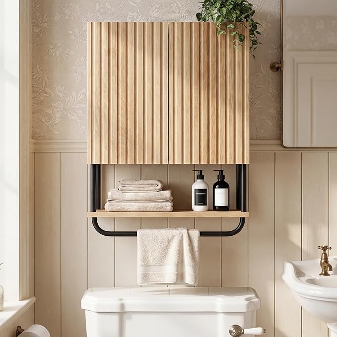 FerniTry Modern Fluted Bathroom Wall Cabinet,3-Tier Curved Profile Wooden Medicine Cabinet with 2 Doors,Over the Toilet Storage Cabinet Wall Mounted with Adjustable Shelf and Towel Bar(Oak, Small)