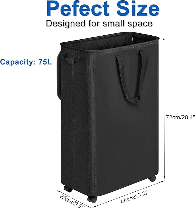 Vincona Slim Laundry Hamper with Lid and Wheels, Small Rolling Laundry Basket with Handle for Small Spaces, Tall Dirty Clothes Hampers for Dorm, Bathroom and Bedroom, 75L Black