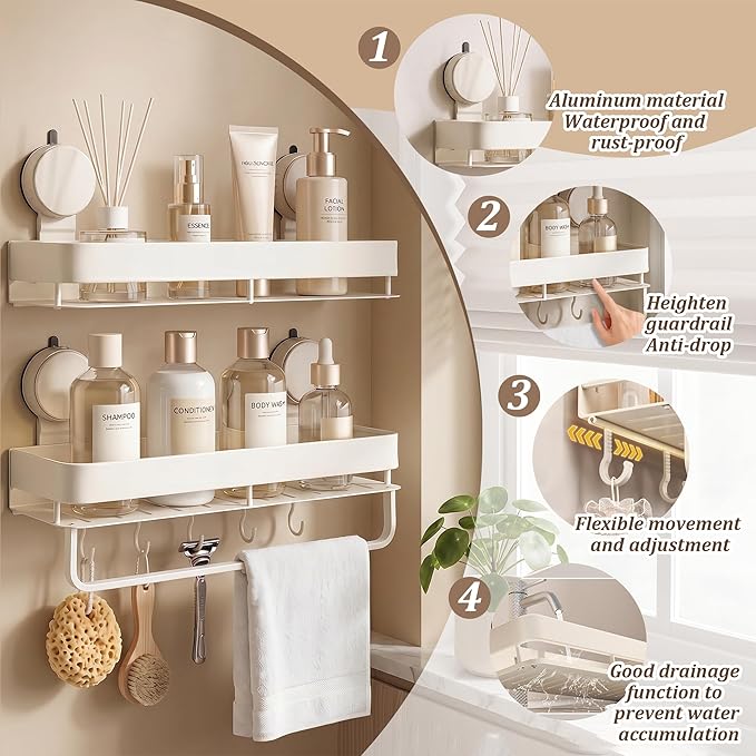 Wide Aluminum Suction Cup Shower Caddy(2-Pack Cream White),Shower Shelves for Bathroom Wall,Wall Mounted Bathroom Shelves with Towel Bar & Hooks
