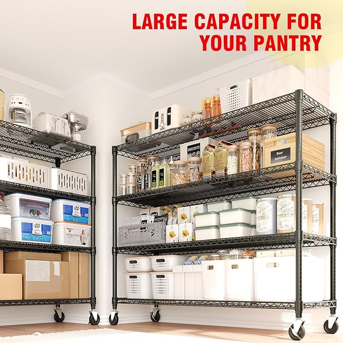 4-Tier Tall Steel Wire Shelving Unit with Wheels, Heavy Duty Storage Rack, 2640 Lbs Capacity, Adjustable Industrial Shelves for Garage, Workshop, or Warehouse
