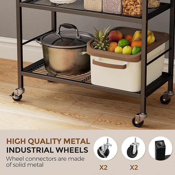 3-Tier Metal Storage Rack with Industrial Wheels,Mesh Shelving Unit with Wooden Table top,Adjustable Shelf,23.6-Inch Width,for Kitchen,Laundry,Pantry,Plant,Black
