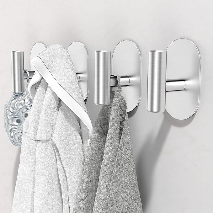 Aikzik Silver Adhesive Hooks Heavy Duty, Wall Hooks for Shower, Bathroom, Towel, Coat, Robe, Stainless Steel Hooks for Hanging, Waterproof & Rustproof Sticky Hooks for Walls No Damage- 2 Pack