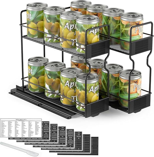 SpaceAid Pull Out Spice Rack Organizer for Cabinet, Heavy Duty Slide Out Seasoning Kitchen Organizer, Cabinet Organizer, with Labels, 7.7" W x10.75 D x10 H, 2 Drawers 2-Tier