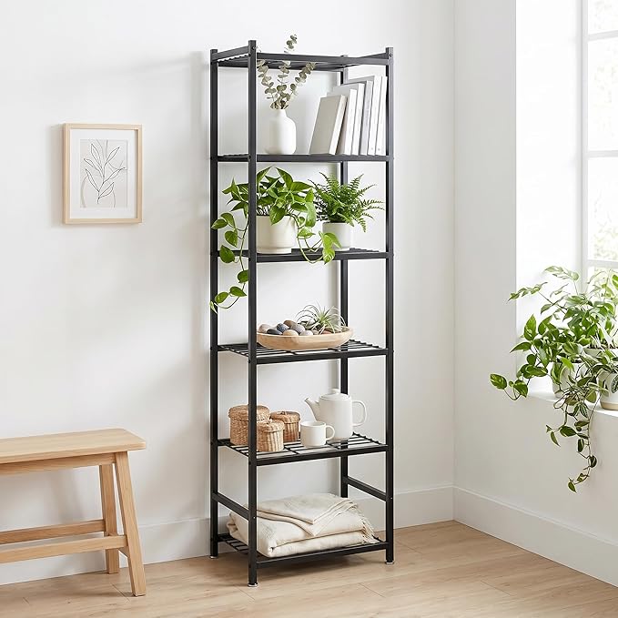 Small Storage Shelves, 6-Tier Metal Shelving Unit with Adjustable Feet, Compact Shelf Organizer for Garage, Kitchen, Pantry and Closet Organization, 11.8" x 17.7" x 68.9", Black