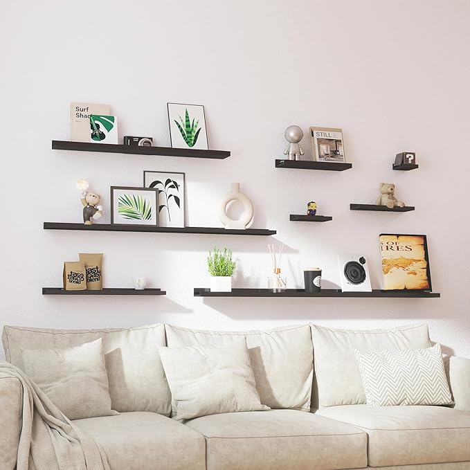 Long Floating Shelves for Wall Decor, Long Wall Mounted Storage Shelf for Bedroom, Living Room, Bathroom, Kitchen, Nursery, Display Picture Ledge Shelf with Lip Set of 2-24 Inches, Black