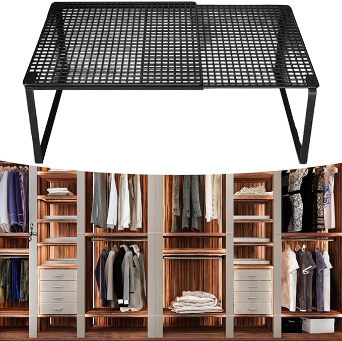 Expandable Cabinet Storage Shelf Adjustable Organizer Rack Stand Riser for Under Sink Wardrobe Books Dorm Kitchen- Black 38 to 62cm