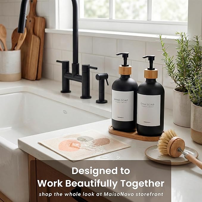 MaisoNovo Glass Dish Soap Dispenser for Kitchen Set of 2-16.9oz Dish and Hand Soap Dispenser Set for Kitchen - Black Glass Bottles x 2 with Black Bamboo Pumps & Tray