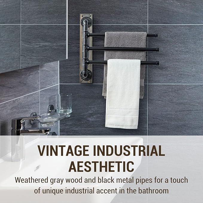 MyGift 17.3 Inch Wall Mounted Bathroom Swivel Towel Rack on Vintage Gray Solid Wood Board, 3 Tier Industrial Black Metal Pipe Bars with 180 Degree Swing for Towels
