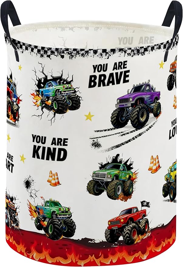 ESSME Kids Laundry Basket,Monster Truck Hamper Collapsible Canvas Storage Bin for Boys, Cute Hamper,Gift Baskets(Flame Truck)