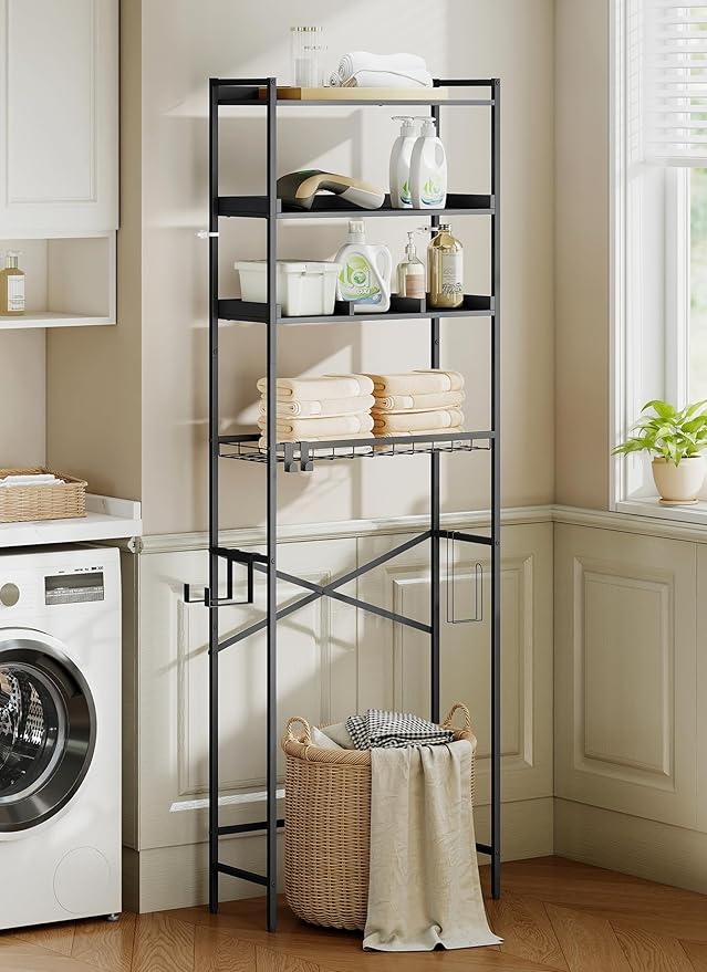 Quikraen 4 Tier Over The Toilet Storage Shelf with 3 Adjustable Shelves, Space Saver Bathroom Organizer with 4 Hooks, Freestanding Above Toilet Rack for Restroom Laundry (Black)